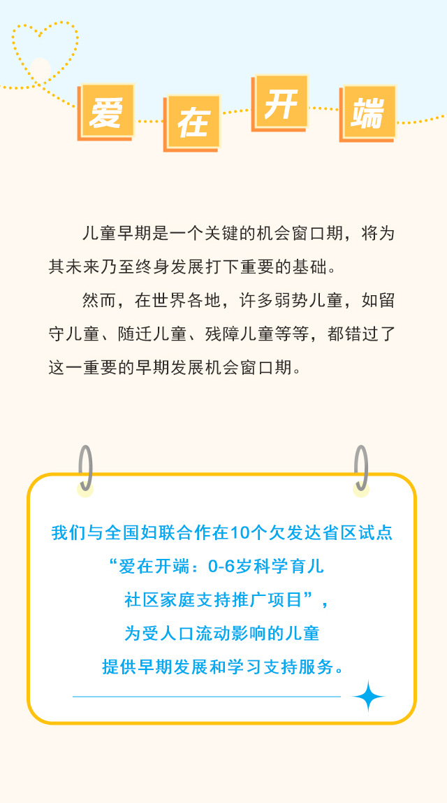 爱在开端 儿童早期是一个关键的机会窗口期，将为其未来乃至终身发展打下重要的基础。然而，在世界各地，许多弱势儿童，如留守儿童、随迁儿童、残障儿童等等，都错过了这一重要的早期发展机会窗口期。我们与全国妇联合作在10个欠发达省区试点“爱在开端：0-6岁科学育儿社区家庭支持推广项目”，为受人口流动影响的儿童提供早期发展和学习支持服务。