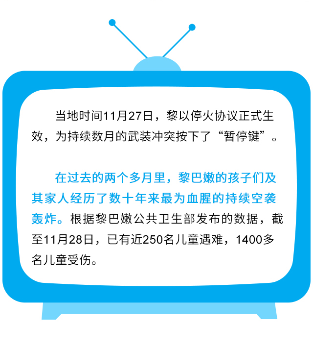 当地时间11月27日，黎以停火协议正式生效，为持续数月的武装冲突按下了“暂停键”。在过去的两个多月里，黎巴嫩的孩子们及其家人经历了数十年来最为血腥的持续空袭轰炸。截至11月28日，已有近250名儿童遇难，1400多名儿童受伤。
