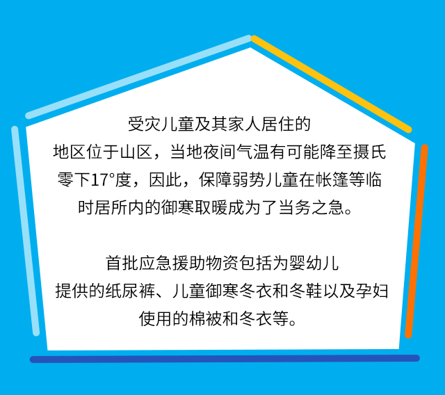 受灾儿童及其家人居住的地区位于山区，当地夜间气温有可能降至摄氏零下17°度，因此，保障弱势儿童在帐篷等临时居所内的御寒取暖成为了当务之急。首批应急援助物资包括为婴幼儿提供的纸尿裤、儿童御寒冬衣和冬鞋以及孕妇使用的棉被和冬衣等。