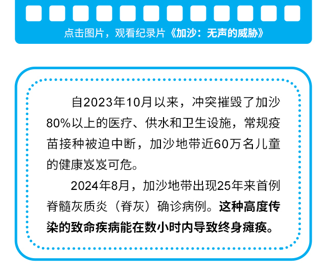 自2023年10月以来，冲突摧毁了加沙80%以上的医疗、供水和卫生设施，常规疫苗接种被迫中断，加沙地带近60万名儿童的健康岌岌可危。2024年8月，加沙地带出现25年来首例脊髓灰质炎（脊灰）确诊病例。这种高度传染的致命疾病能在数小时内导致终身瘫痪。 