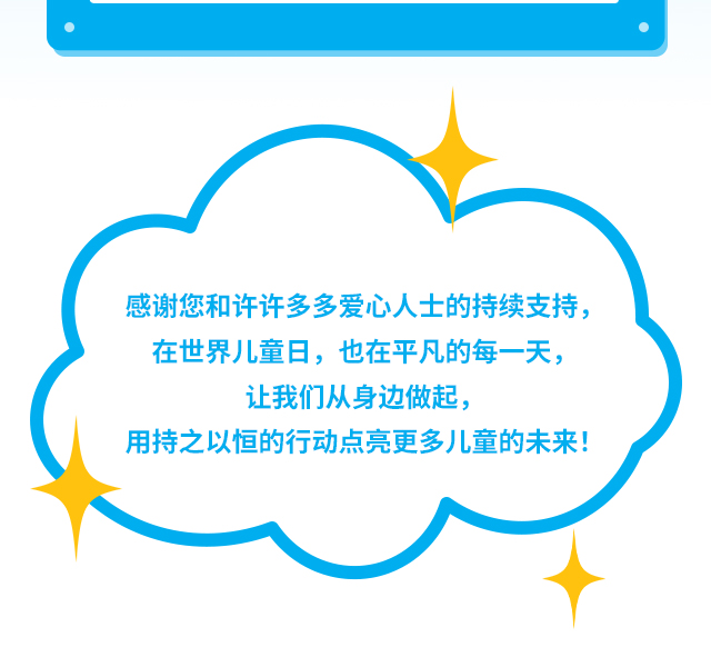 感谢您和许许多多爱心人士的持续支持，在世界儿童日，也在平凡的每一天，让我们从身边做起，用持之以恒的行动点亮更多儿童的未来！