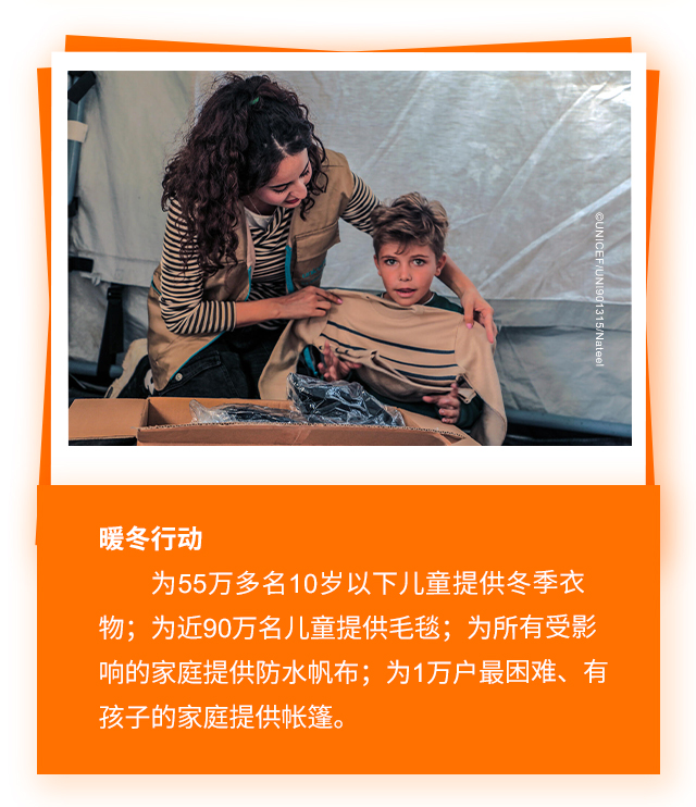 暖冬行动，为55万多名10岁以下儿童提供冬季衣物；为近90万名儿童提供毛毯；为所有受影响的家庭提供防水帆布；为1万户最困难、有孩子的家庭提供帐篷。

