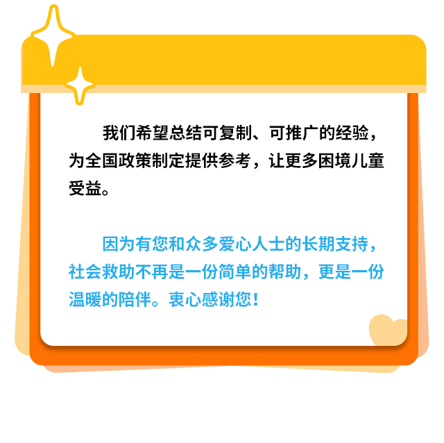 我们希望总结可复制、可推广的经验，为全国政策制定提供参考，让更多困境儿童受益。因为有您和众多爱心人士的长期支持，社会救助不再是一份简单的帮助，更是一份温暖的陪伴。衷心感谢您！