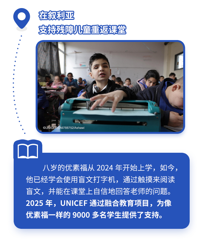 在叙利亚支持残障儿童重返课堂八岁的优素福从2024年开始上学，如今，他已经学会使用盲文打字机，通过触摸来阅读盲文，并能在课堂上自信地回答老师的问题。2025年，UNICEF通过融合教育项目，为像优素福一样的9000多名学生提供了支持。