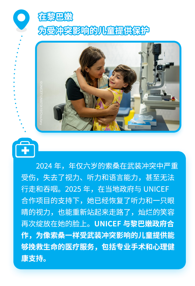 在黎巴嫩为受冲突影响的儿童提供保护2024年，年仅六岁的索桑在武装冲突中严重受伤，失去了视力、听力和语言能力，甚至无法行走和吞咽。2025年，在当地政府与UNICEF合作项目的支持下，她已经恢复了听力和一只眼睛的视力，也能重新站起来走路了，灿烂的笑容再次绽放在她的脸上。UNICEF与黎巴嫩政府合作，为像索桑一样受武装冲突影响的儿童提供能够挽救生命的医疗服务，包括专业手术和心理健康支持。