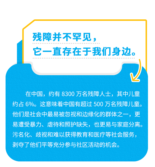 残障并不罕见它一直存在于我们身边。
在中国，约有8300万名残障人士，其中儿童约占6%。这意味着中国有超过500万名残障儿童。他们是社会中最易被忽视和边缘化的群体之一，更易遭受暴力、虐待和照护缺失，也更易与家庭分离。污名化、歧视和难以获得教育和医疗等社会服务，剥夺了他们平等充分参与社区活动的机会。