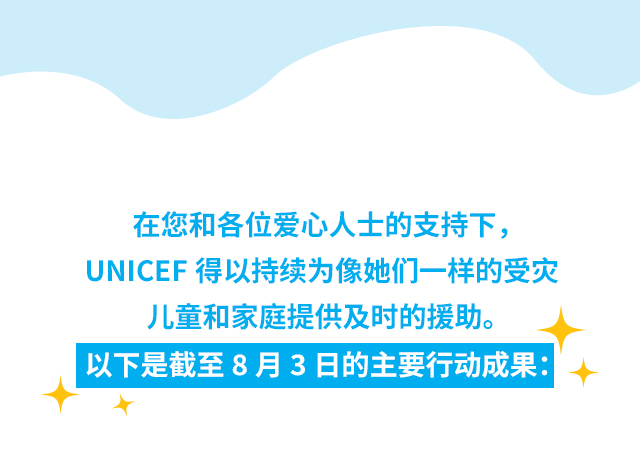 在您和各位爱心人士的支持下，
UNICEF 得以持续为像她们一样的受灾
儿童和家庭提供及时的援助。
以下是截至8月3日的主要行动成果: